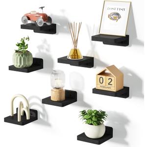 SRIWATANA Small Floating Shelves Wall Mounted, 4 Inch Wood Shelf for Decoration and Storage Set of 8, Mini Display Shelf for Bedroom, Bathroom, Kitchen, Office (Black)