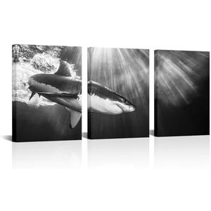 KLVOS 3 Piece Nautical Wall Art Shark Under The Sea Picture Canvas Painting Ocean Animal Canvas Print Black White Contemporary Artwork for Home Boys Bedroom Decoration Office Bathroom Wall Decor