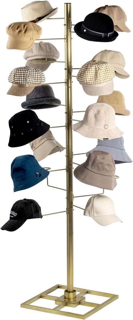 MyGift Freestanding Cowboy Hat Display Rack, 360 Degree Rotating Wig or Baseball Cap Organizer Stand with 20 Customizable Circular Hooks, 6 Foot Height, Brass-Tone Metal