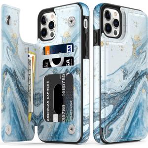 LETO for iPhone 13 Pro Max Case,Flip Folio Leather Wallet Cover with Fashion Designs for Girls Women,Card Slots Kickstand Protective Phone Shell 6.7" Opal Blue Marble