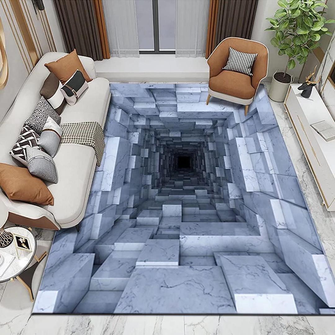 3D Stereo Optics Illusion Area Rug,3x5ft Silver Gray Marble Tile Printed Pattern Rugs, Visual Trap Living Room Decoration Non-Slip Carpet, Bedroom Children's Playroom Washable Rugs (12)