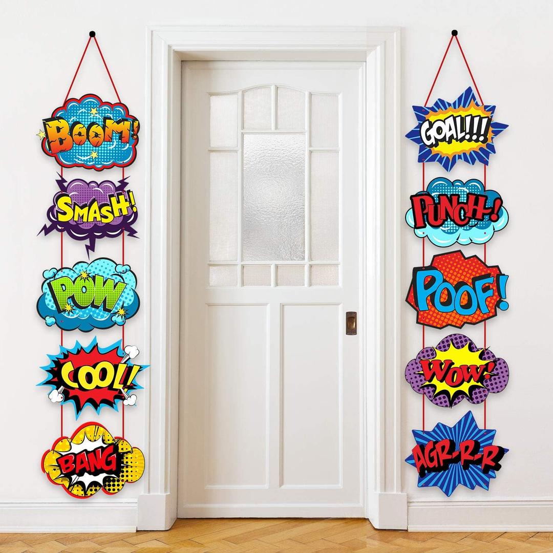 Poen Hero Themed Party Decorations Large Hero Action Sign Fun Cutouts Theme Birthday Baby Shower Party Supplies Christmas Decor Porch Sign Banner Wall Door Hanger Decor, 10 Counts