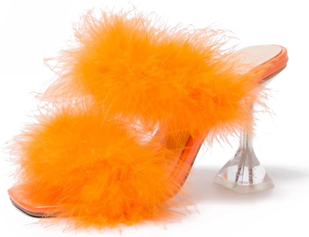 Women's Square Toe Fuzzy Heels High Clear Heel Mules Sandals Two Fluffy Feather Bands Slippers Party Prom Dresses Shoes (7.5, Orange)