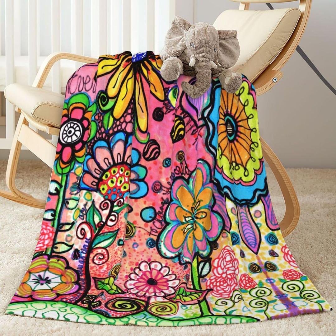 Hippie Art Flowers Throw Blankets Ultra Soft Fleece Blanket for Sofa Couch Camping Travel Lightweight & Warm Bed Blanket for All Seasons Home Decor, 40"X30"
