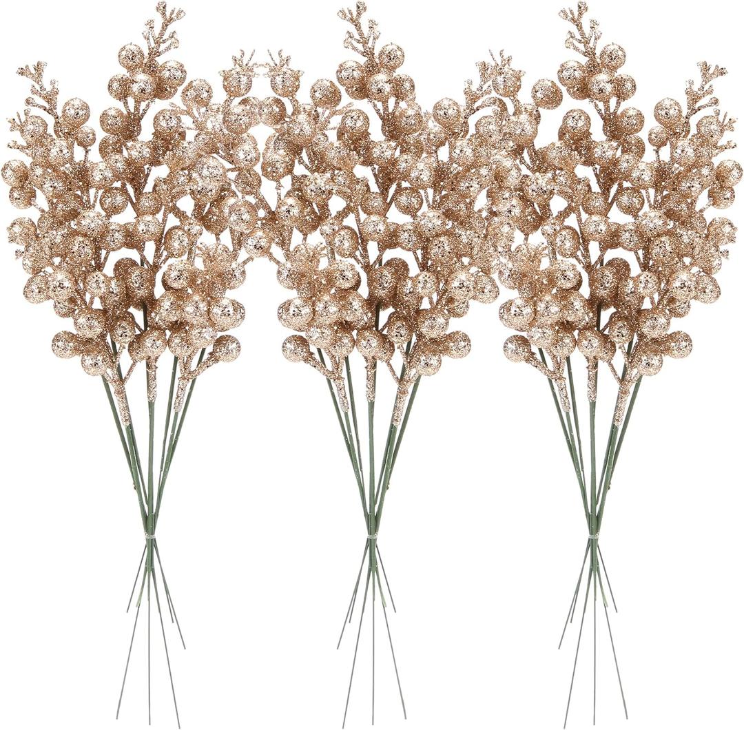 Sea Team 24-Pack Artificial Glitter Holly Berry Twig Ornaments, Decorative Fruit Sticks, Glittery Stems, Picks, Branches for Christmas Tree, Small Vase, Holiday, Wedding, Party (11", Champagne)