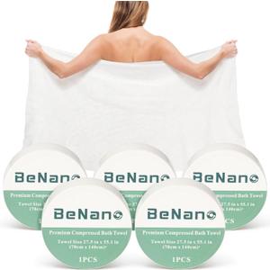 Benano Premium Compressed Towel Tablets Disposable Towel 55.1 in x 27.5 in Large Bath Towel Travel Towel Reusable for Hotel Camping Sports Hiking Beach Swimming Vacation (55.1" x 27.5" (5 Pack))