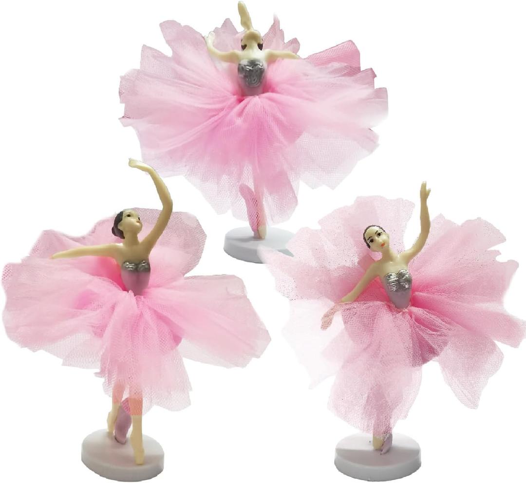 3pcs Dancing Ballerina Girl Figurines, Ballet Girls Cake Toppers, Miniature Ballerina Girl Figure Cake Decoration, Plant Pot Craft Theme Party Favors Supplies for Birthday Ballet Decor (Pink)