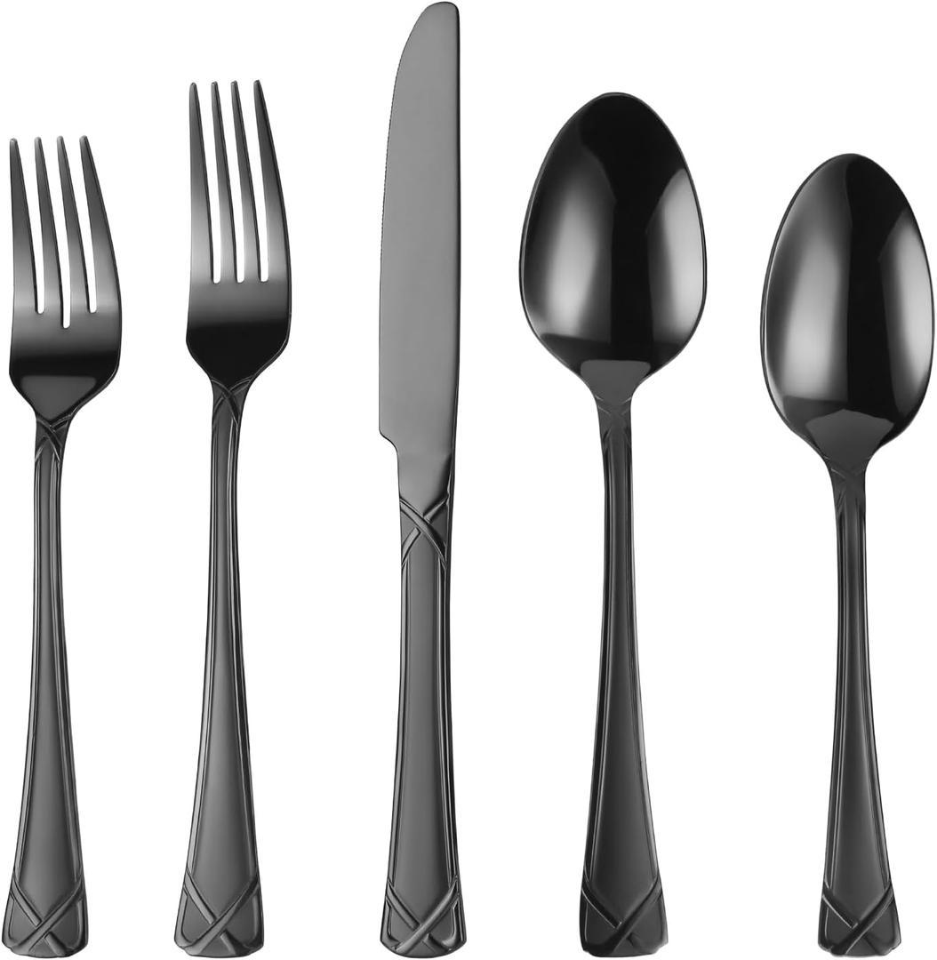 30-Piece Black Silverware Set, Stainless Steel Flatware Set Cutlery Set include Knives, Forks and Spoons Service for 6, Mirror Polished