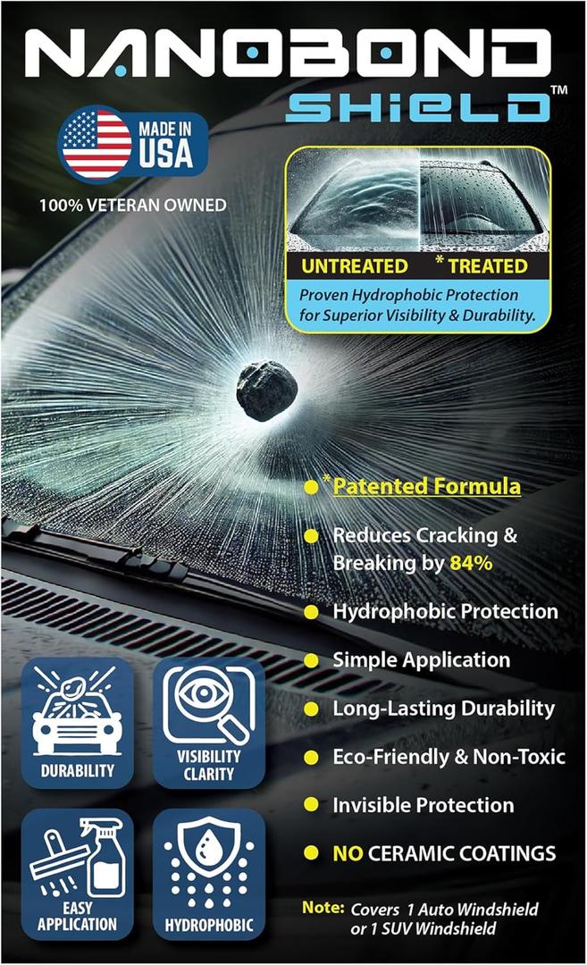 Windshield Protection  Strengthens Glass to Reduce Cracks by 84%, Repels Water and Debris for Clear Visibility, Easy Application, Eco-Friendly, and Durable Protection