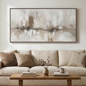 Large Framed Neutral Abstract Wall Art for Living Room, Horizontal 60x30 In