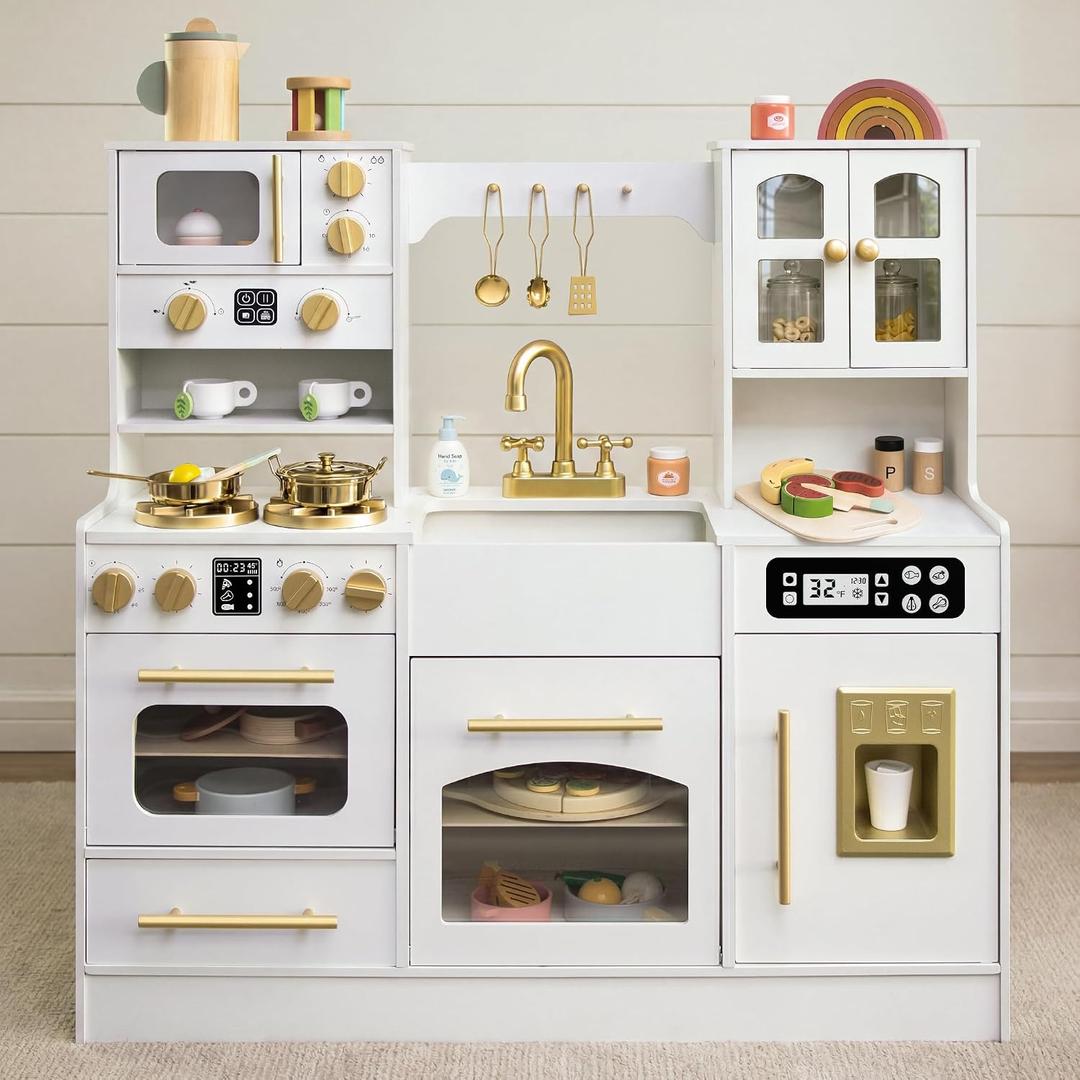 Wooden Play Kitchen with 12 Accessories, Ages 3+ Kids Toy Kitchen Playset, 15 inches x 8 inches x 38 inches