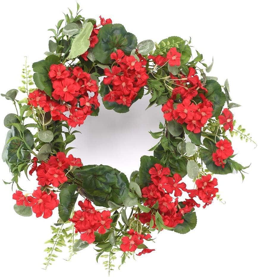 d 24 Inch Red Geranium Wreath on Hand Tied Twig Base, Artificial Floral, Spring and Summer Front Door Wreath, Red, Green, Brown d 24 Inch Red Geranium Wreath on Hand Tied Twig Base, Artificial Floral, Spring and Summer Front Door Wreath, Red, Green, Brown