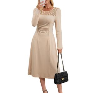 Dokotoo Womens Dresses Casual Long Sleeve Fall Dresses for Women 2025 Elegant Crewneck Lace Solid Midi Formal Cocktail Dress Outfits Apricot Medium