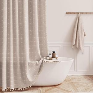 BTTN Extra Long Shower Curtain - 72x84 Inch Long Boho Linen Thick Fabric Shower Curtain Set with Plastic Hooks, Tall Farmhouse French Country Chic Macrame Cloth Shower Curtains for Bathroom, Tan/Taupe