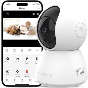 TUGARD Security Camera,2MP 355 Indoor Camera for Pet & Baby,Home Security with Phone App, Motion Tracking,2-Way Audio,IR Night Vision,Compatible w/Alexa & Google Assistant(2.4GHz ONLY)