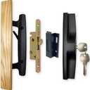 Patio Sliding Patio Door Handle Set with Mortise Lock, Key Cylinder and Keeper, Wood Handle Lock Set Fits Door Thickness from 1-1/2" to 1-3/4", 3-15/16" Screw Hole Spacing, Keyed, Black