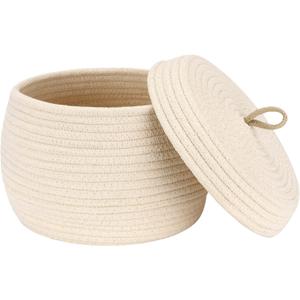 Sea Team Round Cotton Rope Storage Basket with Lid, Decorative Woven Storage Bin, Pot, Caddy, Organizer, Container for Snacks, Towels, Plants, 10 x 7.5 Inches (Small, Cream)
