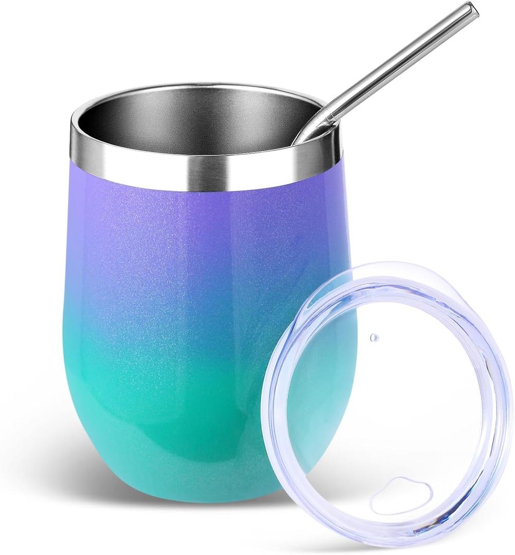 Volhoply 12oz Stainless Steel Wine Tumbler with Lid and Straw,Double Wall Vacuum Insulated Stemless Wine Glasses,Reusable Travel Coffe Mug for Cold Drinks,Tumblers Gifts for WomenPurple Green,1 Set