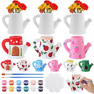 Remerry 6 Sets 4.3'' Ceramic Pots to Paint Spring DIY Unpainted Pottery Paint Your Own Watering Can Vase Unfinished Succulent Pots Painting Crafts with Brush Palette for Family Classroom Activity Gift