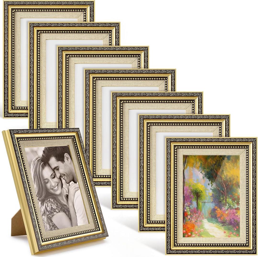 Bucherry 5 x 7 Vintage Gold Picture Frame Bulk Set of 8, Tabletop Display Plastic Ornate Antique Photo Frames, Vintage Gold Decor for Photos Pictures Poster Table Desk Display