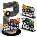 3Pcs Monster Truck 2nd Birthday Number Sign Centerpiece - Double-sided Monster Truck Table Decorations for Boys Kids 2nd Birthday Party Supplies Set