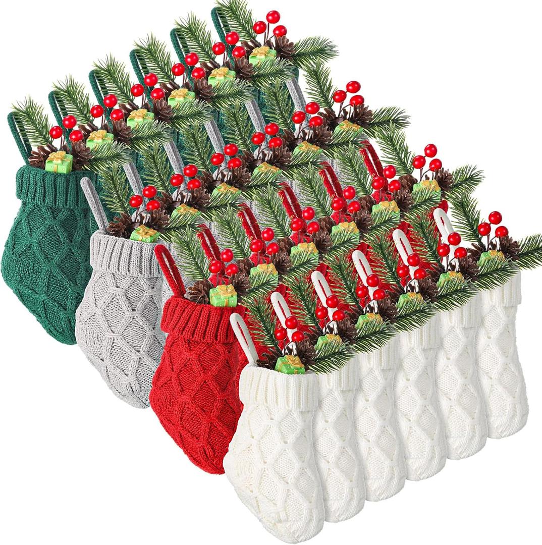 Geyoga 24 Pieces Mini Christmas Knit Stockings 6 Inch Cable Knitted Stockings Bulk Xmas Hanging Ornament Decoration for Christmas Tree Fireplace Holiday Party Favor(Red, Green, White, Grey)