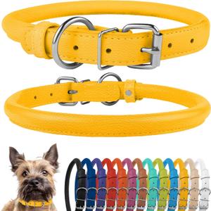 CollarDirect Rolled Leather Dog Collar, Soft Padded Round Puppy Collar, Handmade Genuine Leather Collar Dog Small Large Cat Collars 13 Colors (13-16 Inch, Pink Textured) (L: 13-16 in, Yellow Textured)