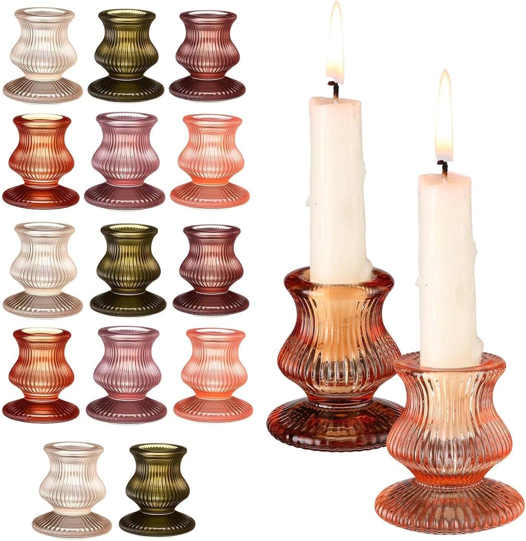 LemonRoad 16 Pcs Glass Candlestick Holders Bulk Taper Candle Holders for Table Centerpiece Decor, Vintage Thick Glass Candle Sticks for Wedding, Party, Birthday and Festival Decoration