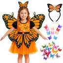 ZZIHAN Monarch Butterfly Costume for Girls 5–7 – Fairy Dress Up Outfit with Tulle Dress & Fairy Wings, Butterfly Headband & Hair Clips, Great for Halloween, School Plays or Birthday Parties, 130