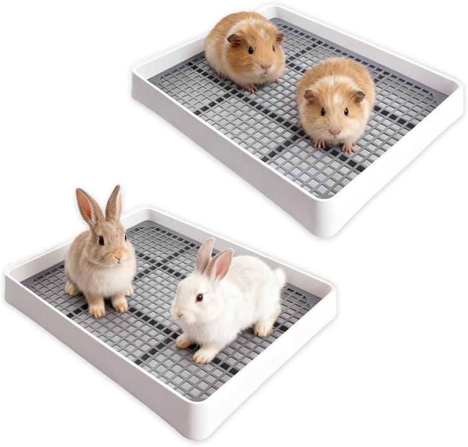 2 Pack Large Rabbit Litter Box - Shallow Bunny Restroom Litter Tray with Grate, Small Animals Litter Pan Toilet Potty Trainer for Hamster, Ferret, Rats, Guinea Pigs, Hedgehog, Chinchillas