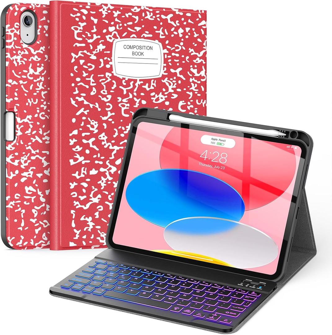 Supveco Keyboard Case for iPad (A16) 11th/10th Generation 11&10.9 Inch with Pencil Holder,7 Colors Backlit Wireless Detachable Folio Keyboard Cover for iPad 11th/10th Gen 2025/2022-Book Red