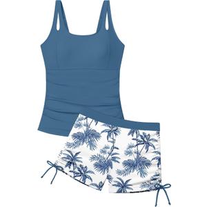 Girls Tankini Swimsuit 2 Piece Bathing Suits for Girls Square Collar Swim Tank Top and Drawstring Bottoms for 17-18Y