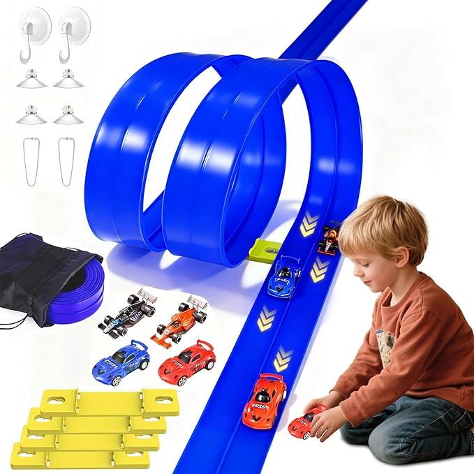 20 Ft Flexible Race Track Toys, Flex Race Car Ramp Track with 4 Race Cars & Suction Cups Rolls Up Portable DIY Race Track Anti Gravity Car Track Set,Kids Racecar Track Toy(Blue)