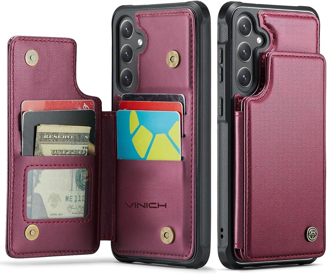 Vinich for Samsung Galaxy S25 FE Wallet Case with Card Holder, RFID Blocking Credit Slots Kickstand Shockproof Phone Cover Fit for Galaxy S25 FE 6.7" Wine Red