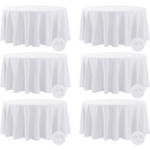Fokitut 6 Pack Waterproof Round Tablecloth, 132 Inch, Stain Resistant and Wrinkle Polyester Table Cloth, Fabric Table Cover for Kitchen Dining, Wedding, Party, Holiday Dinner-White
