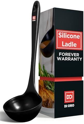 DI ORO Silicone Ladle – Soup Ladle for Cooking & Serving Heat-Resistant - Large Kitchen Soup Ladle Nonstick Cookware Safe - Soup Serving Spoon with Wide Bowl - Silicone Utensil Dishwasher Safe (Black)