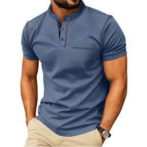 Sailwind Mens Henley Shirts Short Sleeve Summer Casual Classic Cotton T Shirts Pocket Button Shirt (Blue, L)