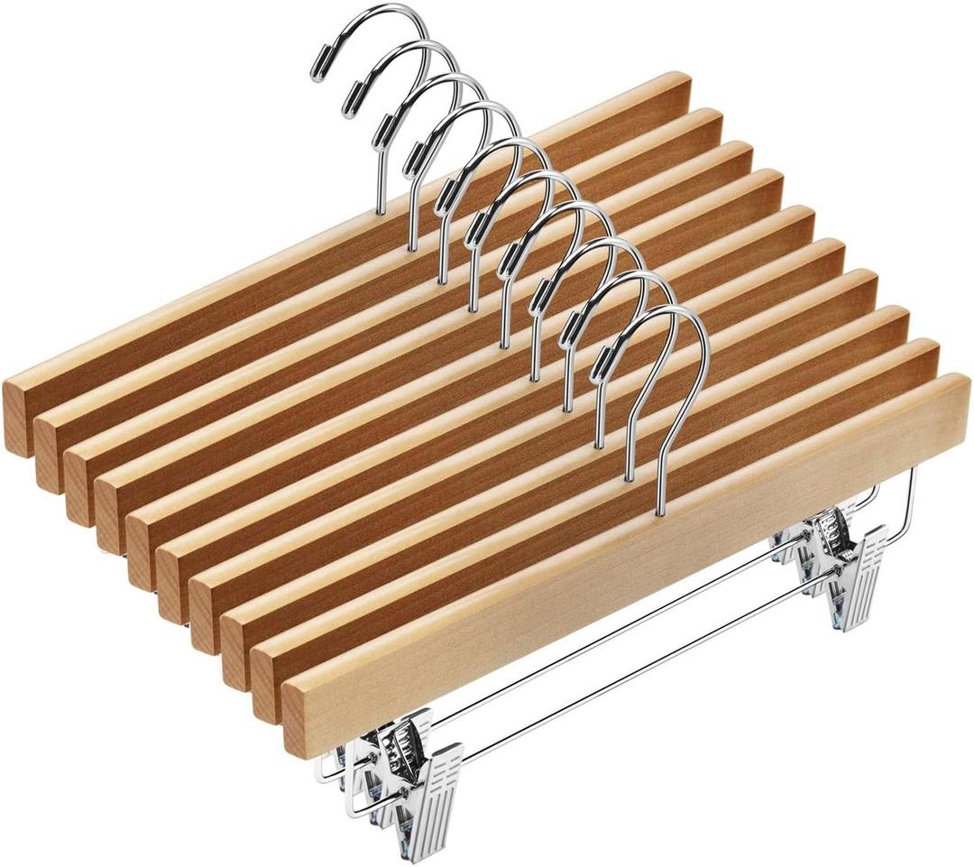 AMKUFO 20pcs Wooden Pants Hangers Solid Pants Hanger with Adjustable Clips 14 Inch Natural Wood Skirt Hangers Trousers Bottom Hanger with Non-Slip Clips and 360 Swivel Hook