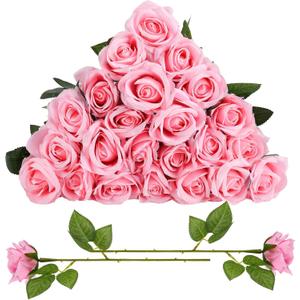 24 Pcs Pink Rose Artificial Flowers with Long Stem Real Touch Silk Plastic Bouquet Pink Roses Bulk for Wedding Party Table Centerpieces Festival Decorations