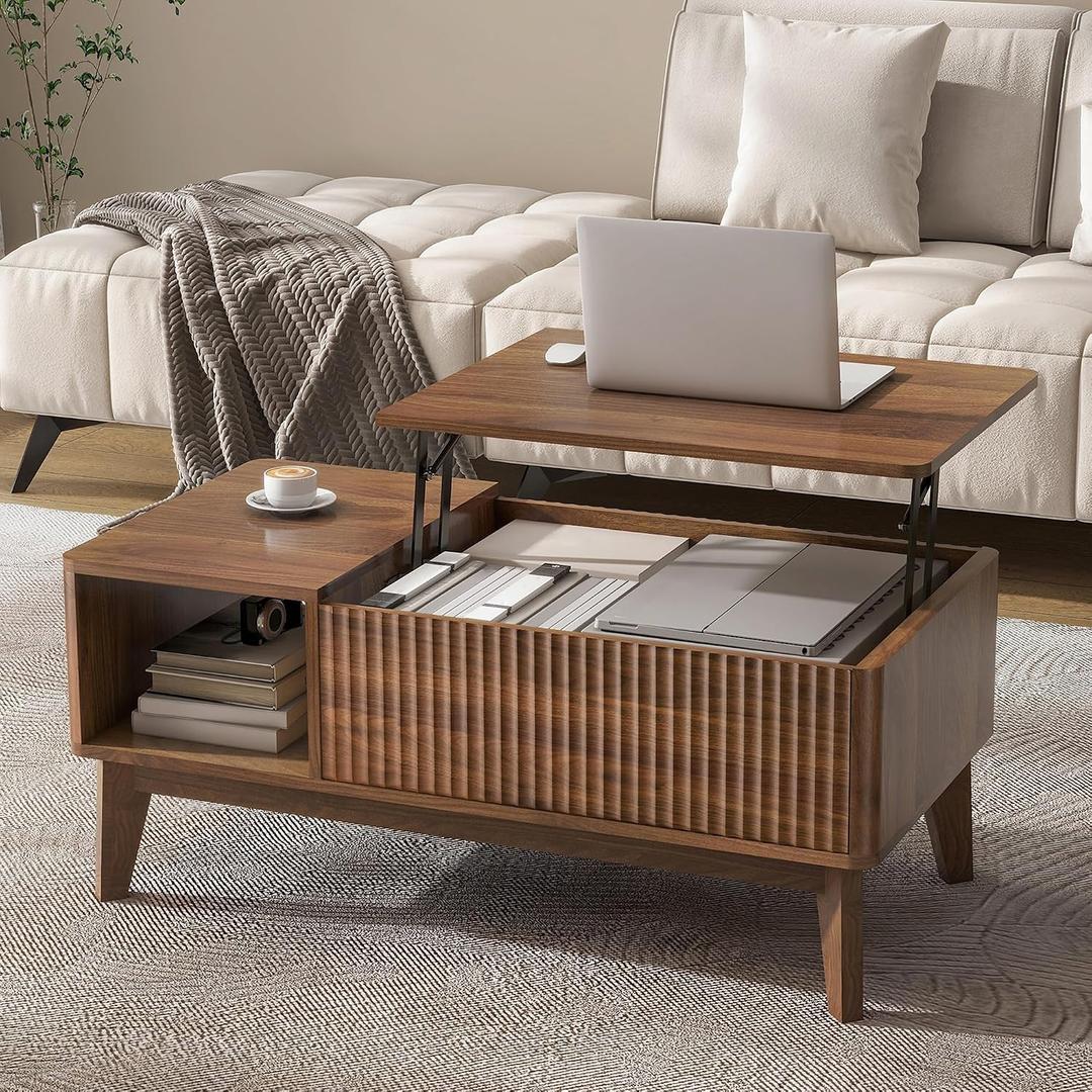 LYNCOHOME Fluted Lift Top Coffee Table with Storage, Modern Coffee Table for Living Room, Home Office（Walnut）, 37.4" Rectangular