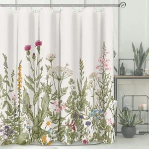 Extra Long Vintage Floral Shower Curtain for Bathroom, Waterproof Fabric Wildflower and Herb Shower Curtain with 12 Hooks, 72 x 84 Inch