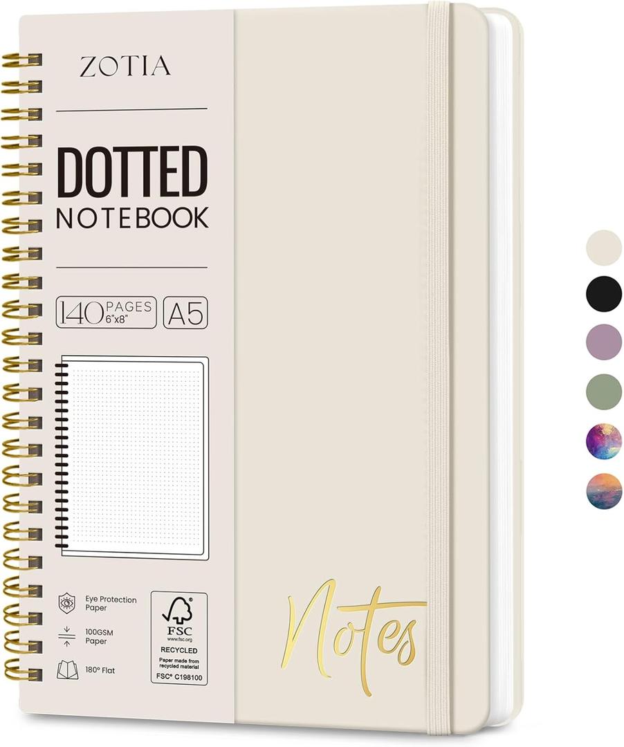 Bullet Dotted Spiral Journal Notebook for Women, A5 Dotted Notebook Journals for Writing, Hardcover Notebooks for Work, Note Taking and Office School Supplies,140 Pages - Grey Beige