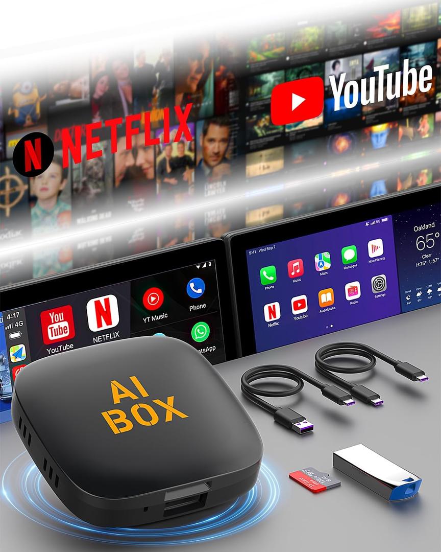 Wireless CarPlay and Android Auto Wireless Adapter Support Netflix/YouTube AI Box Lite for Factory Wired CarPlay Cars with U Disk/TF Card Magic Link CarPlay Ai Box Convert Wireless CarPlay Dongle