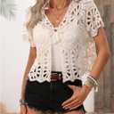 GORGLITTER Women's Tie Front Hollow Out Cardigans Short Sleeve V Neck Pointelle Knit Tops (White, S)