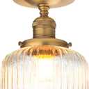 PERMO Small Semi-Flush Mount Ceiling Light Flat Ribbed Glass Shade, Antique Gold Finish, Modern Hallway Lighting Fixture
