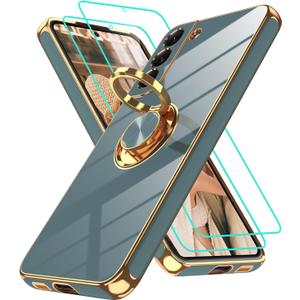 Gritup for Samsung Galaxy S22 Case: with 2Pcs Screen Protector, 360 Rotation Ring Holder Magnetic Kickstand, Plating Gold Edge Soft TPU Shockproof Protective Cover for Galaxy S22, Gray
