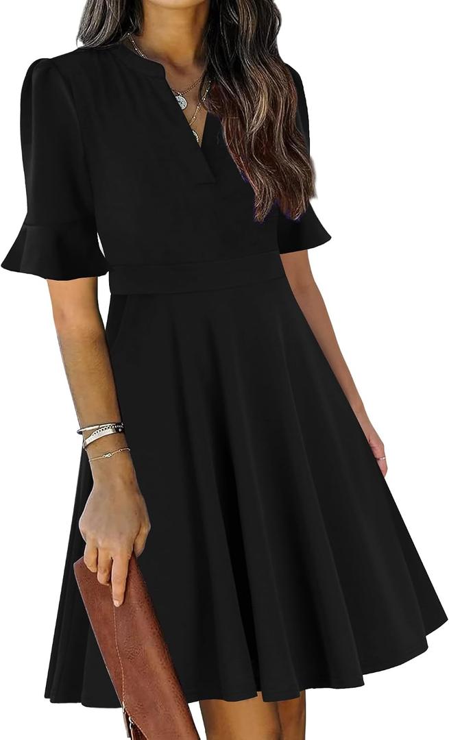 Mokayee Womens Summer V Neck Ruffle Short Sleeve Fit and Flare Knee Length Church Wedding Guest Dresses with Pockets (Black, M)