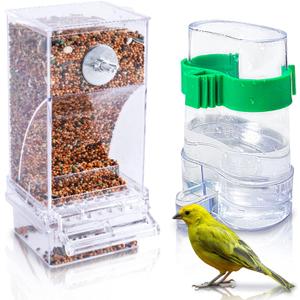 Hamiledyi No Mess Bird Feeders Automatic Parrot Feeder Drinker Acrylic Seed Food Container Parakeet Water Dispenser Cage Accessories for Lovebirds Budgies Canary Finch (Translucent Feeder + Drinking Bottle)