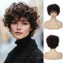 Short Curly Wavy Brown Wigs for Women Synthetic Halloween Cosplay Hair Wig