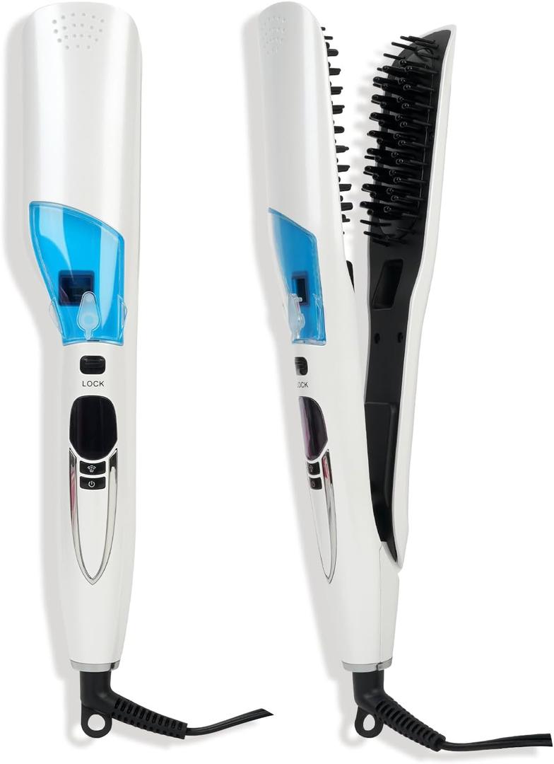 Mayhug Hair Straightener Brush Sleek Sweep Ionic Straightening Brush with 5 Temperature Adjust Anti-Scald Ceramic Hair Straightener Comb Fast Heating for Home Salon Dual Voltage,White